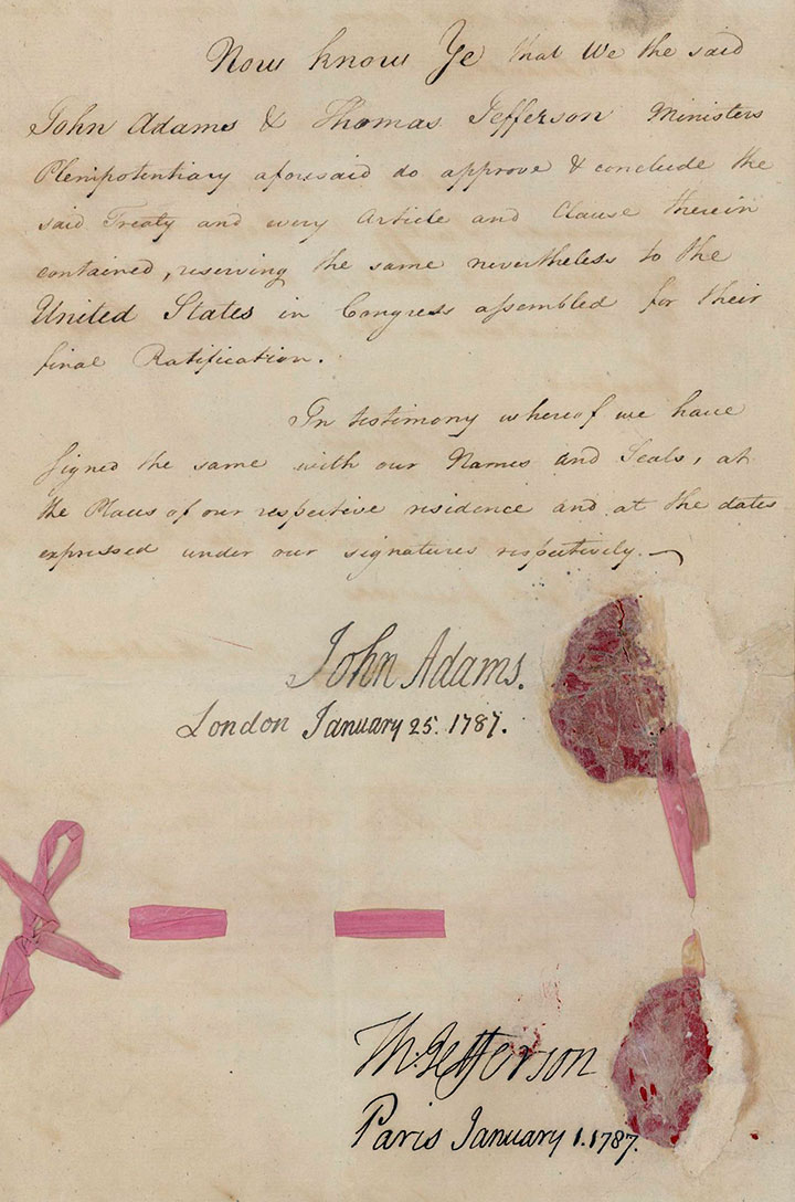 Signature page of the treaty showing the approvals of Thomas Jefferson and John Adams