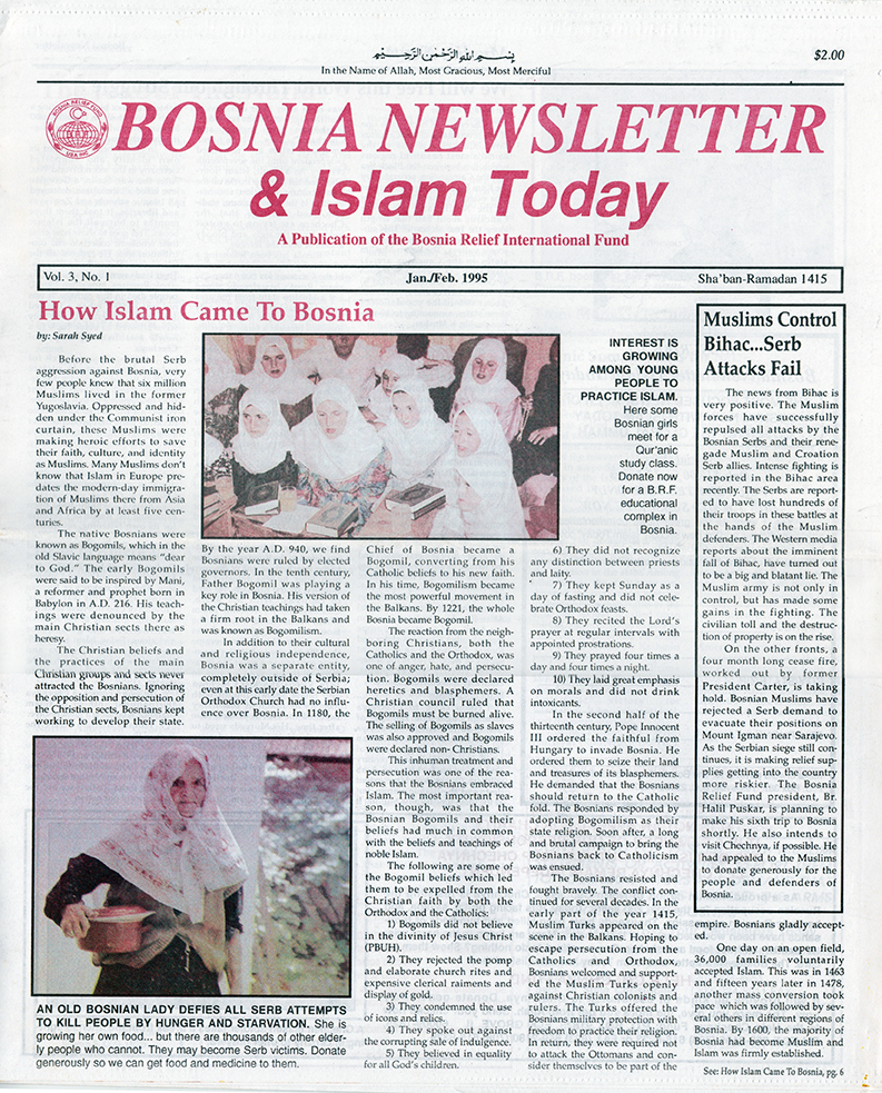 Front page of Bosnia Newsletter and Islam Today, Jan./Feb. 1995