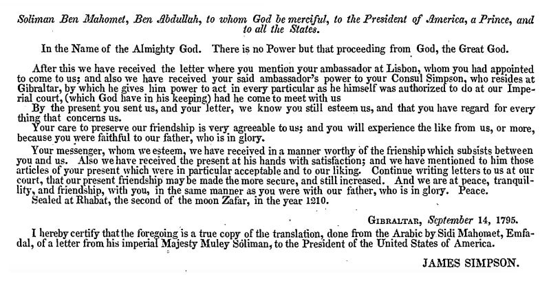 English translation of the Sultan's letter to George Washington reproduced in American State Papers
