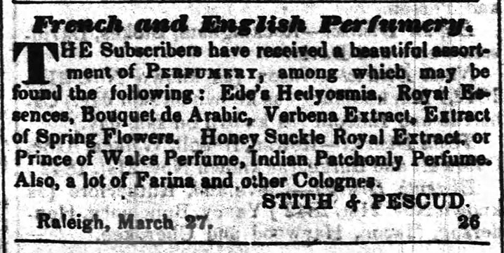 Stith and Pescud advertisement listing Bouquet de Arabic and Indian Patchouli Perfume, 1844