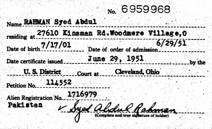Syed Rahman naturalization index card, 1951