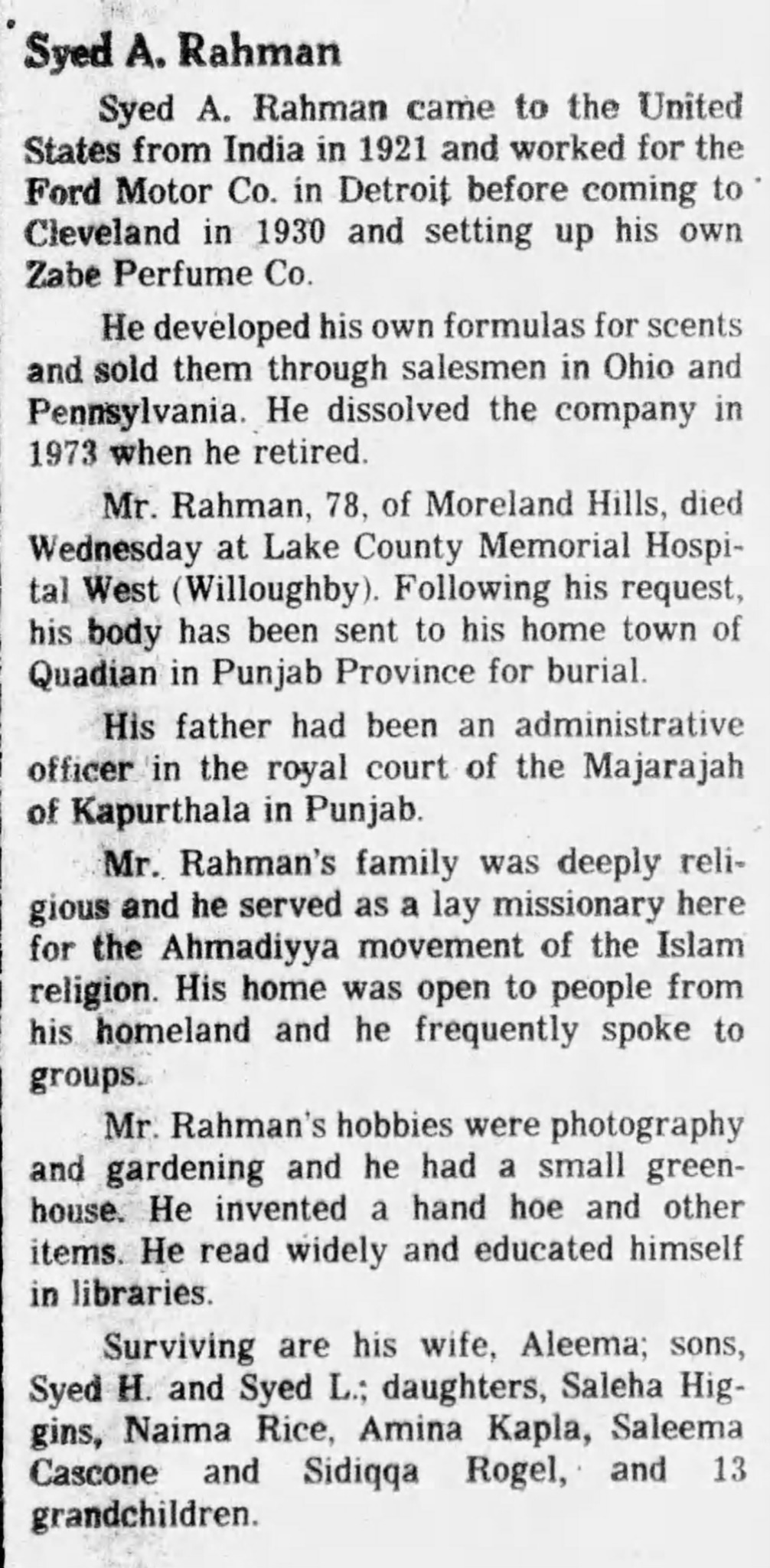 Syed Rahman obituary in The Plain Dealer, 1978