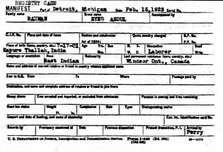 Syed Rahman Detroit-Windsor passenger manifest, 1923
